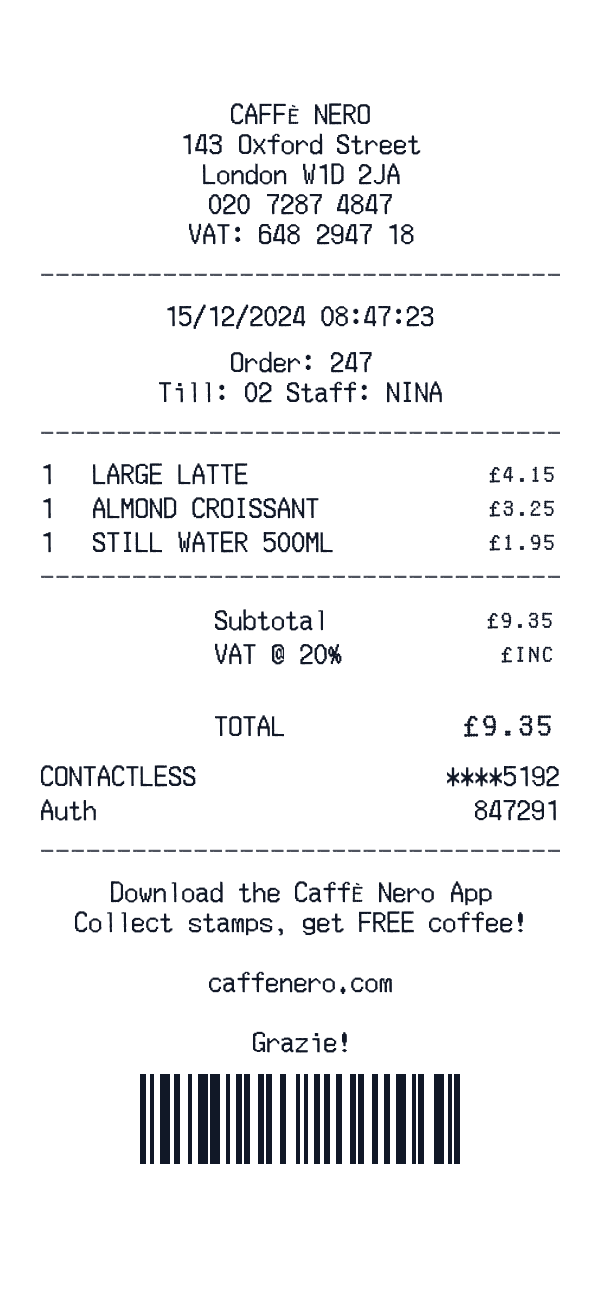 Caffè Nero receipt template example