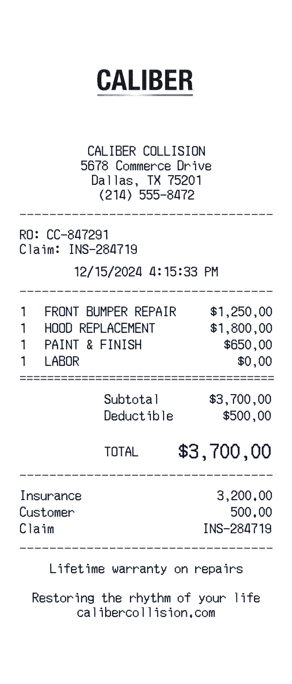 Caliber Collision receipt template example