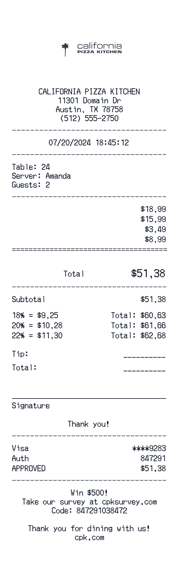 California Pizza Kitchen receipt preview