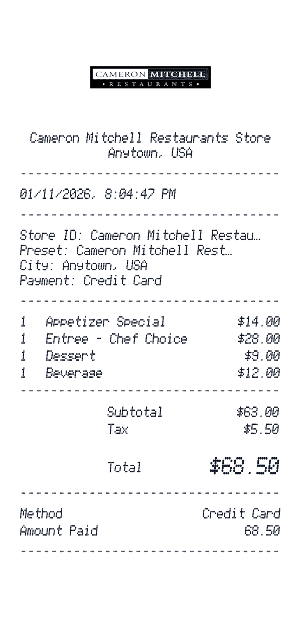 Cameron Mitchell Restaurants receipt preview