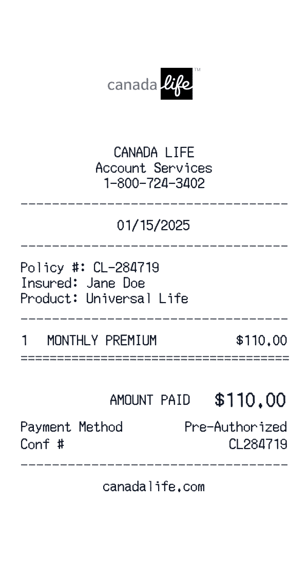 Canada Life receipt template example