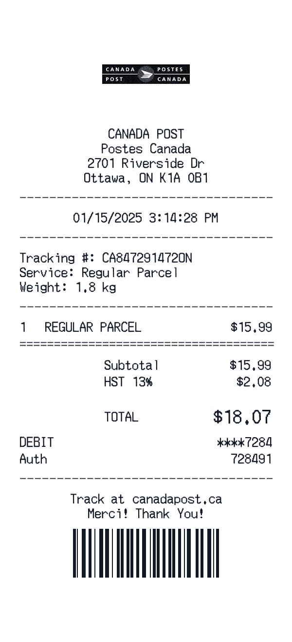 Canada Post receipt template example