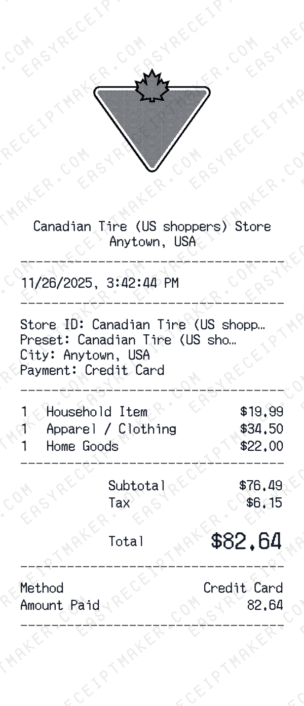Canadian Tire (US shoppers) receipt preview
