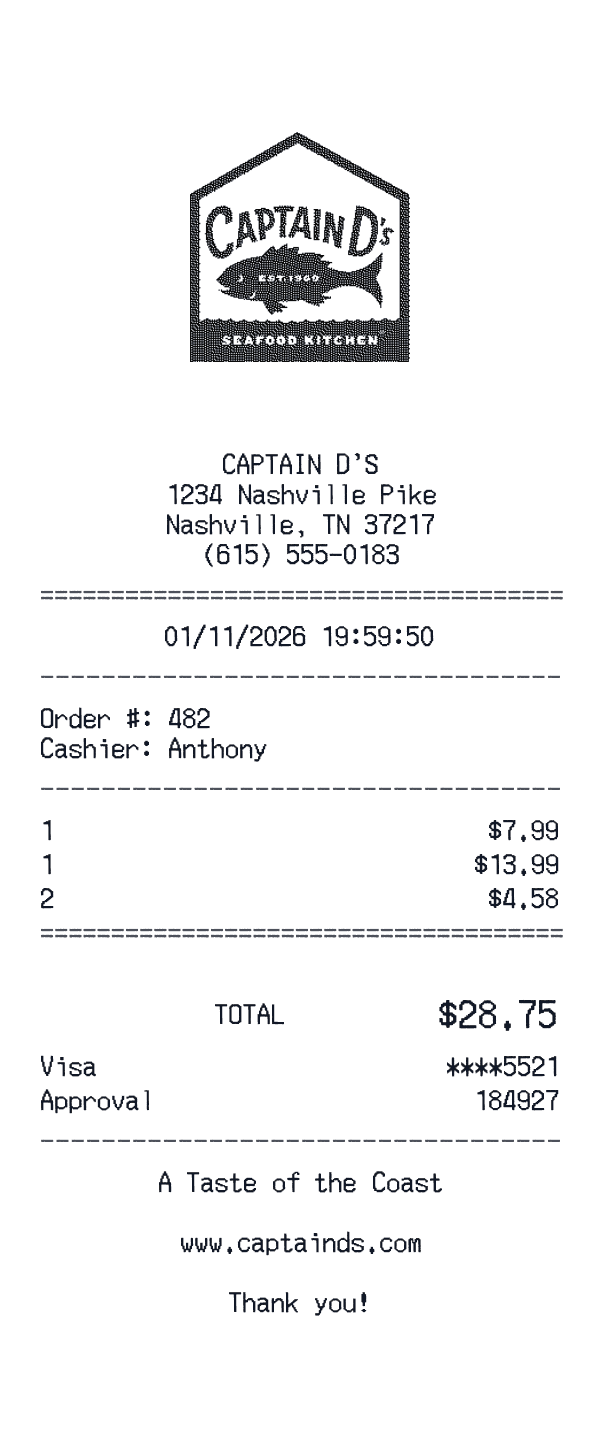 Captain D's receipt template example - fast food receipt with itemized details, prices, and payment information
