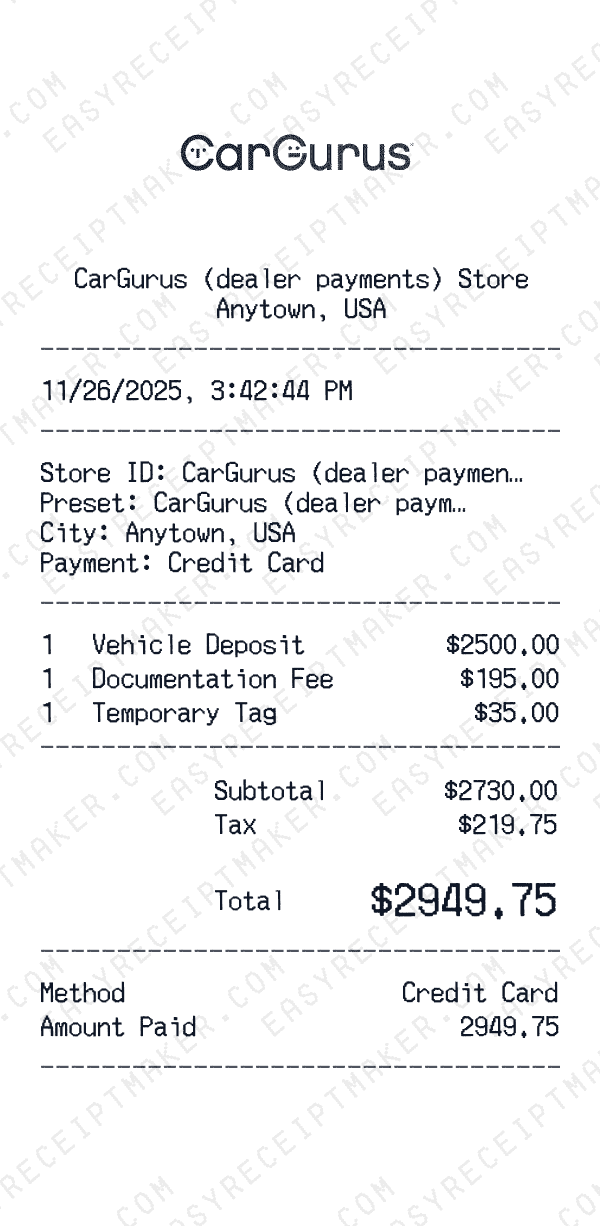 CarGurus (dealer payments) receipt template