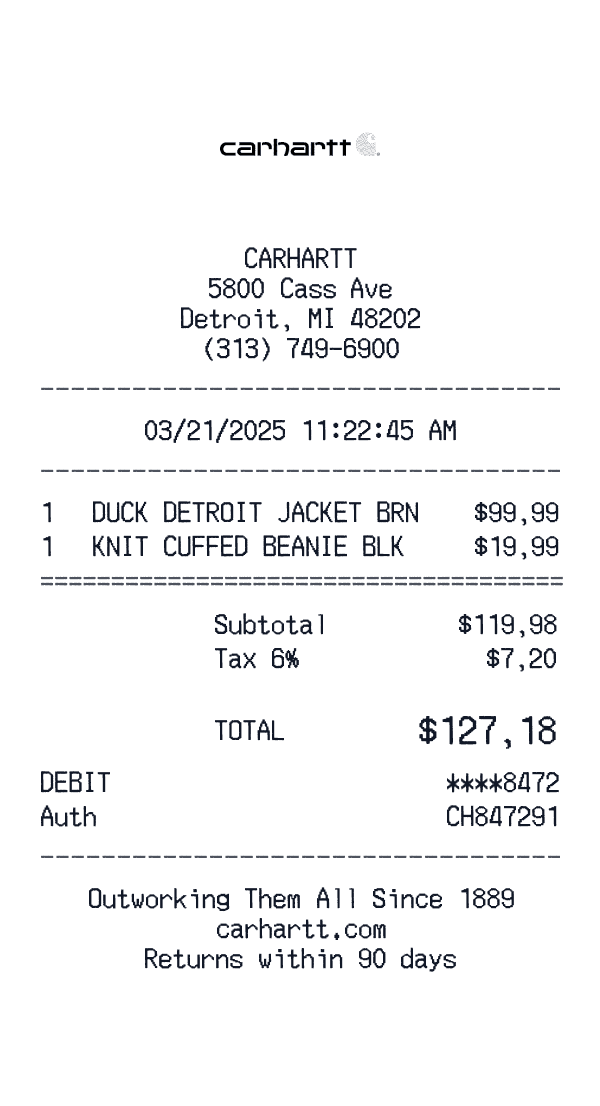 Carhartt receipt template example - clothing receipt with itemized details, prices, and payment information