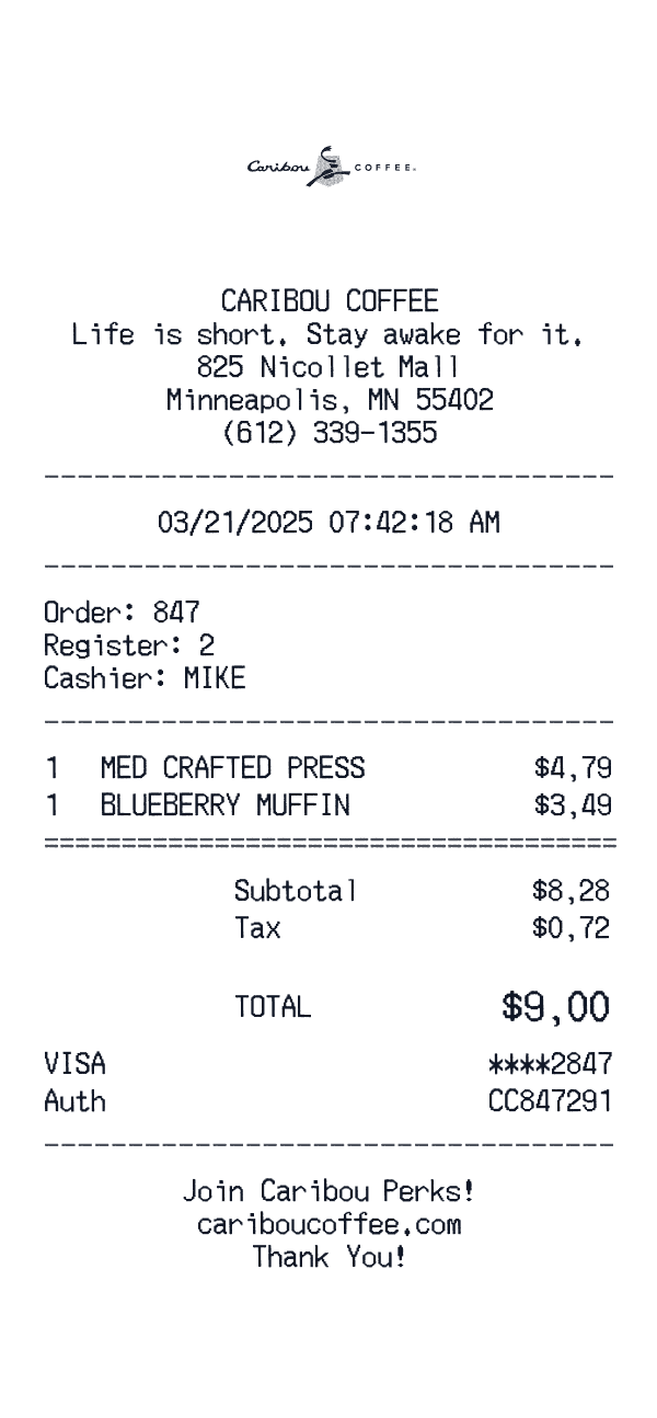 Caribou Coffee receipt template example