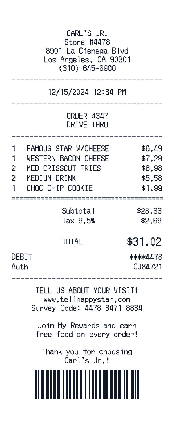 Carl's Jr. receipt template example - fast food receipt with itemized details, prices, and payment information