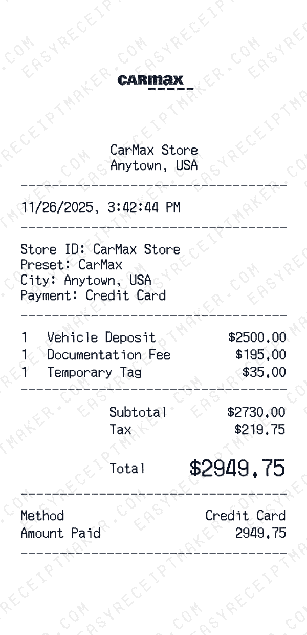 CarMax receipt template