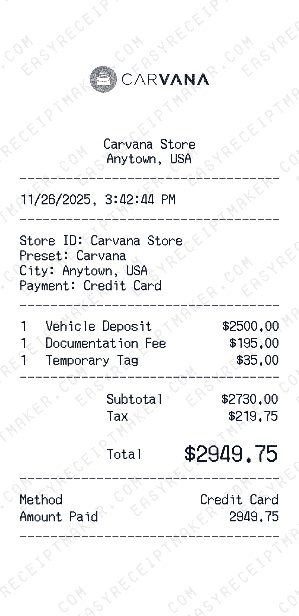 Carvana receipt template