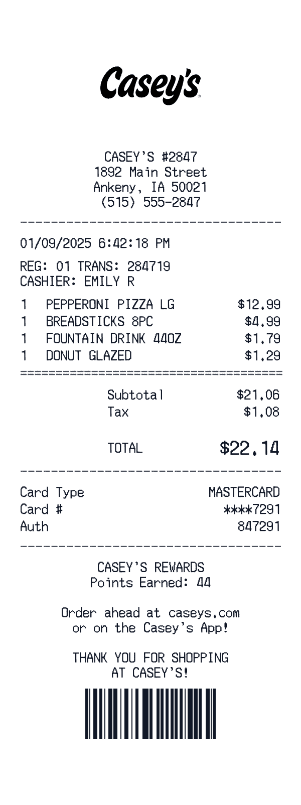 Casey's General Stores receipt template generator preview