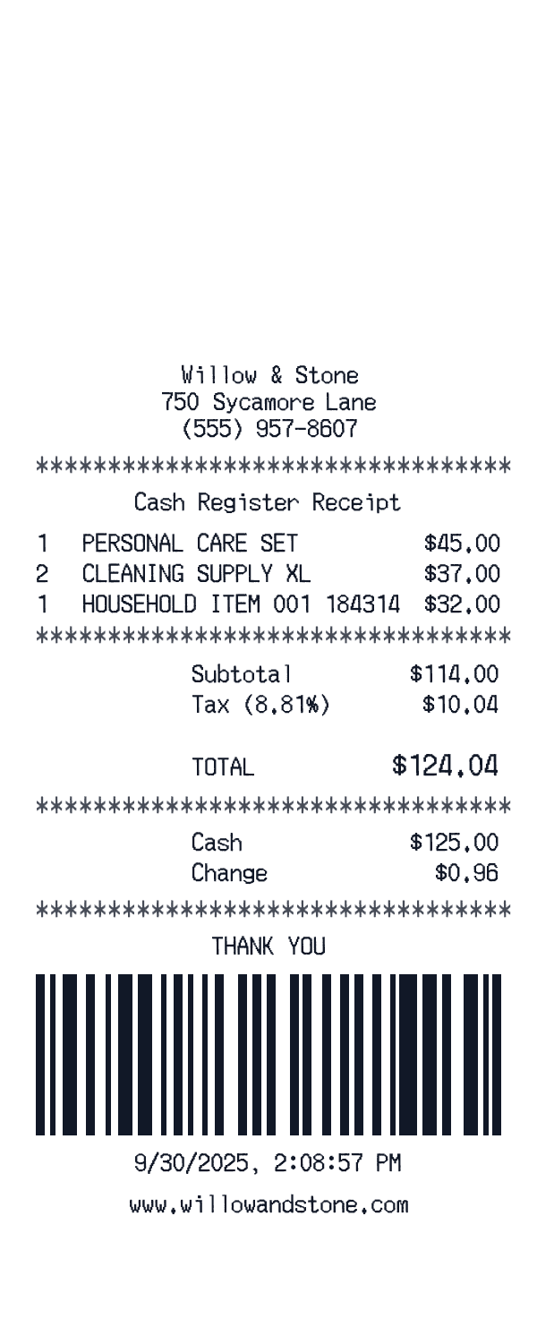 Cash Register receipt template generator preview