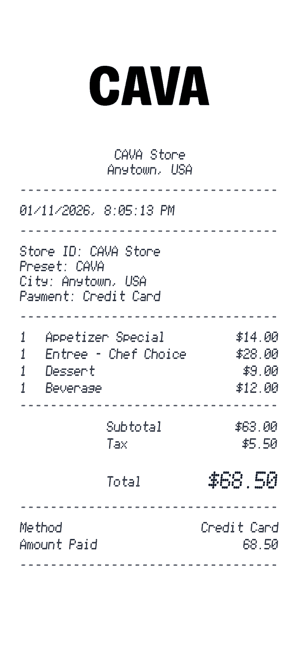 CAVA receipt preview