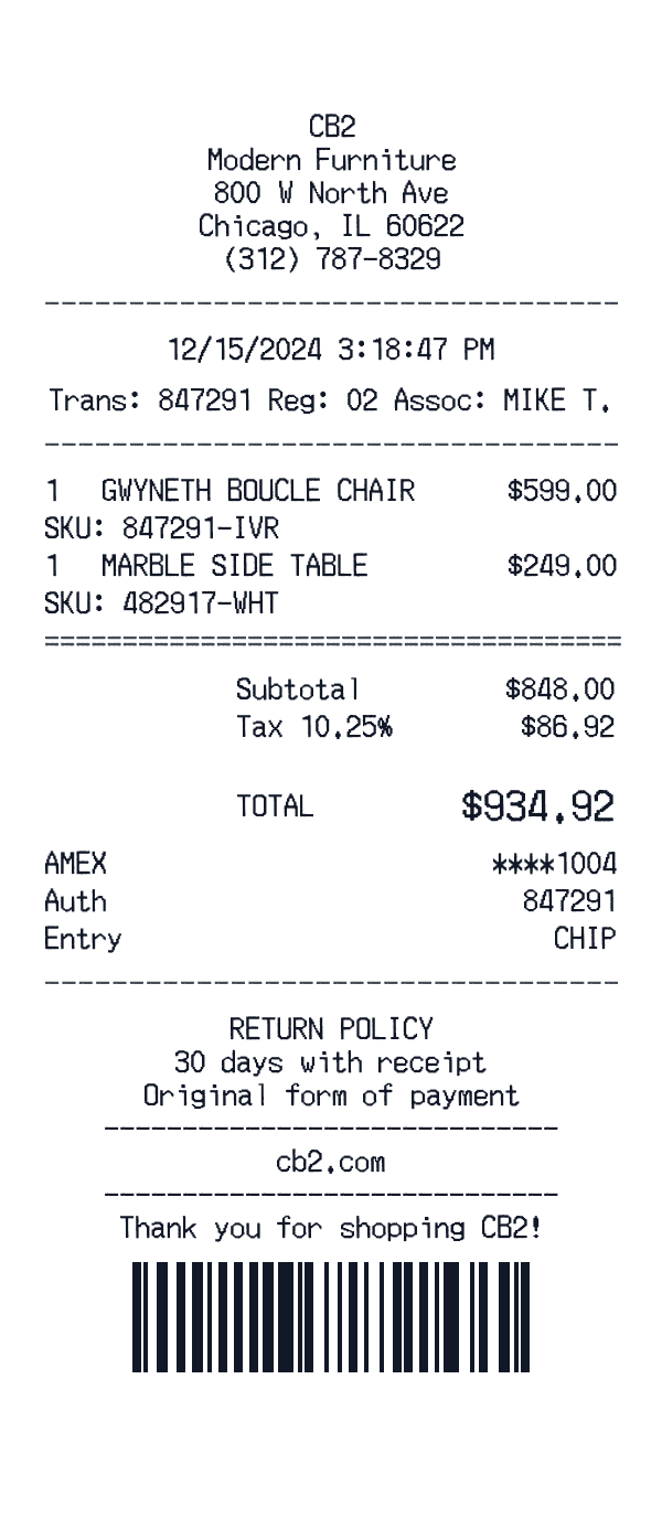 CB2 receipt template example