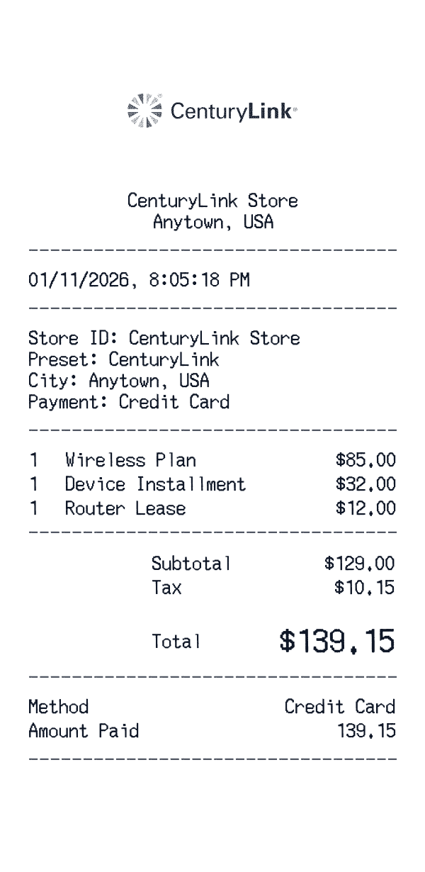 CenturyLink receipt template example