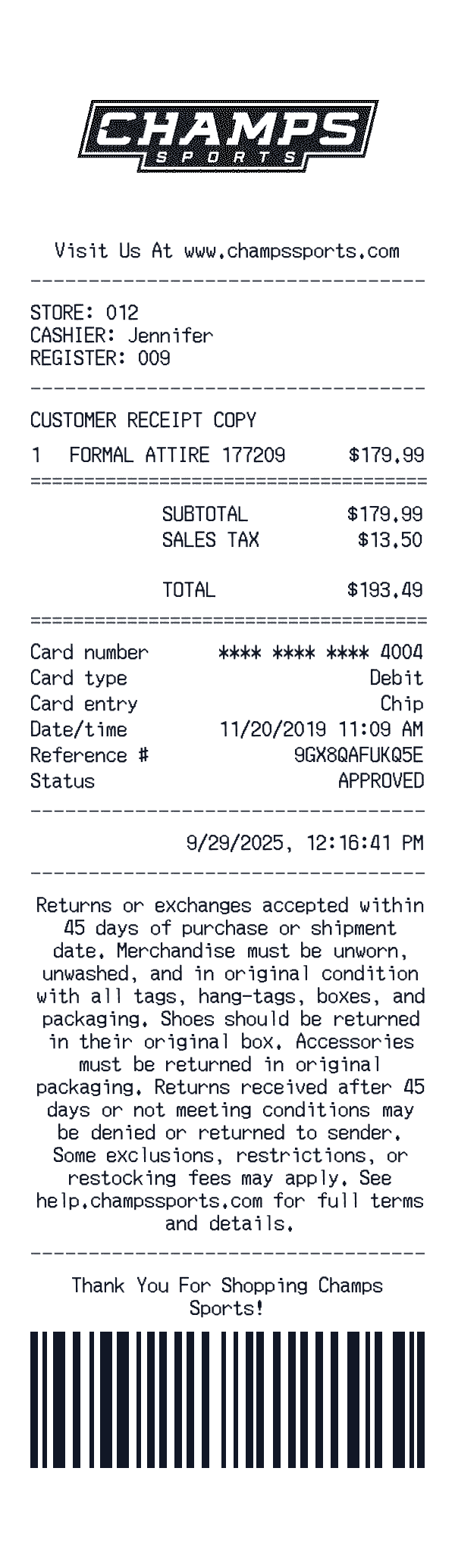 Champs Sports receipt preview