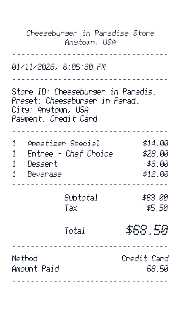 Cheeseburger in Paradise receipt preview