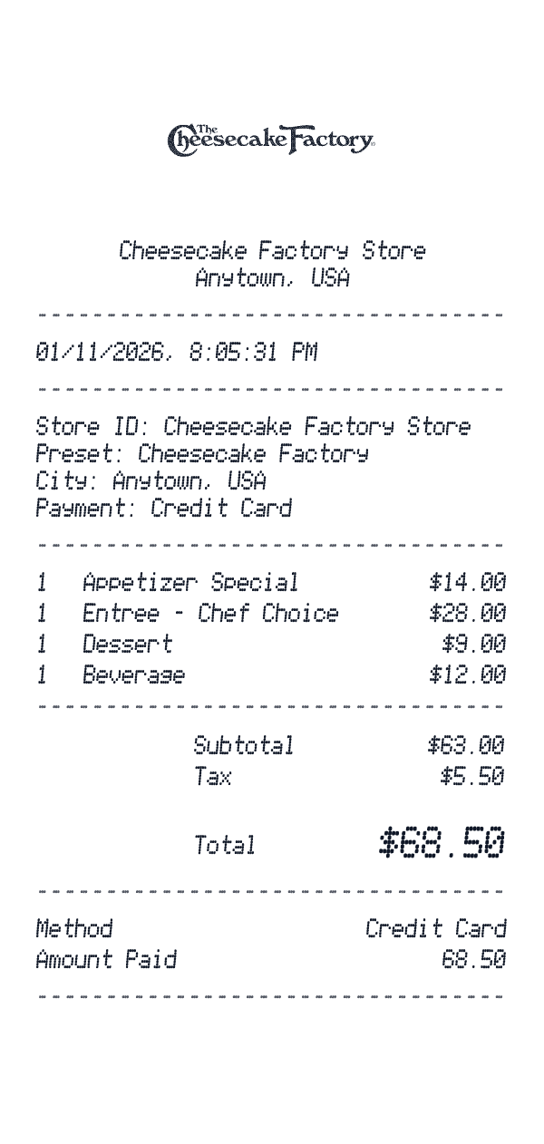 Cheesecake Factory receipt preview