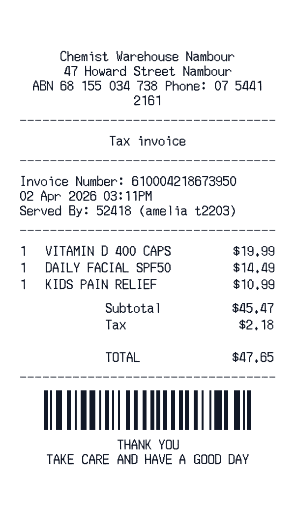 Chemist Warehouse receipt template generator preview