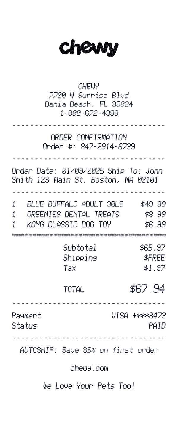 Chewy receipt template example