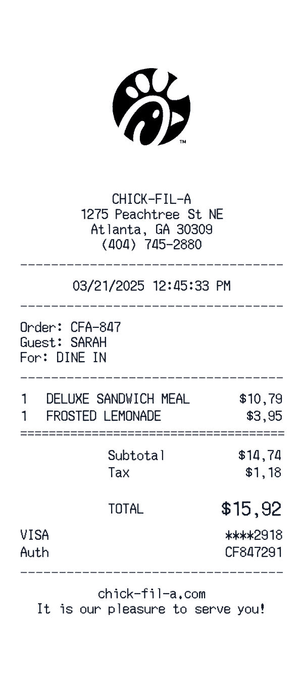 Chick-fil-A receipt template example - fast food receipt with itemized details, prices, and payment information