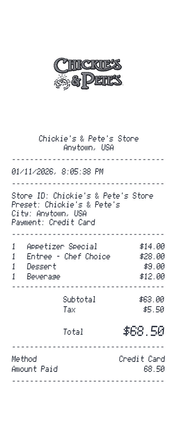 Chickie's & Pete's receipt preview