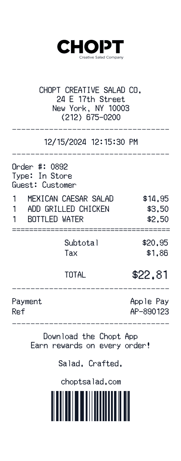 Chopt receipt template example - fast food receipt with itemized details, prices, and payment information