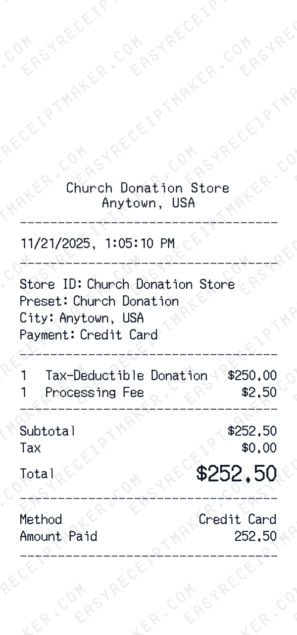 Church Donation receipt template example