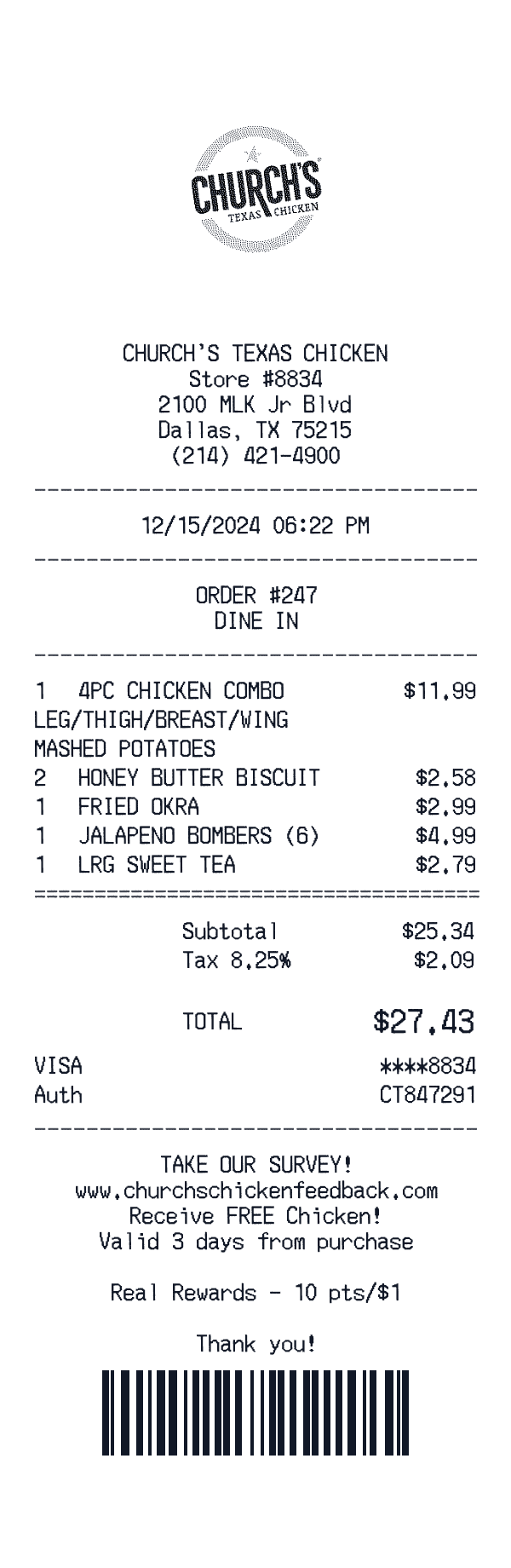 Church's Texas Chicken receipt template