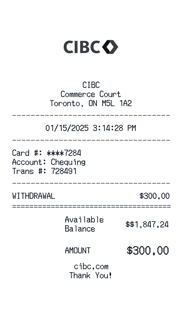 CIBC receipt template example - other receipt with itemized details, prices, and payment information