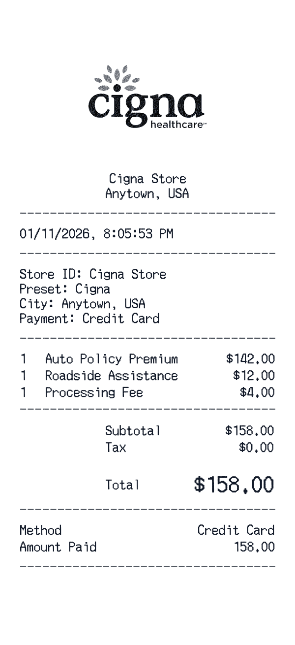 Cigna receipt template example - insurance receipt with itemized details, prices, and payment information