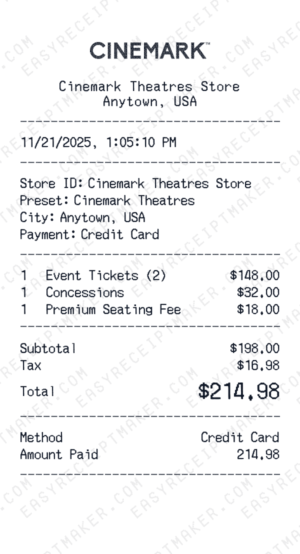 Cinemark Theatres receipt template generator preview