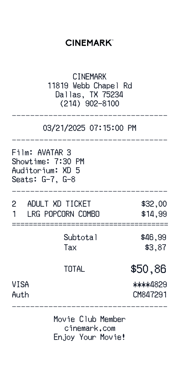 Cinemark receipt template example