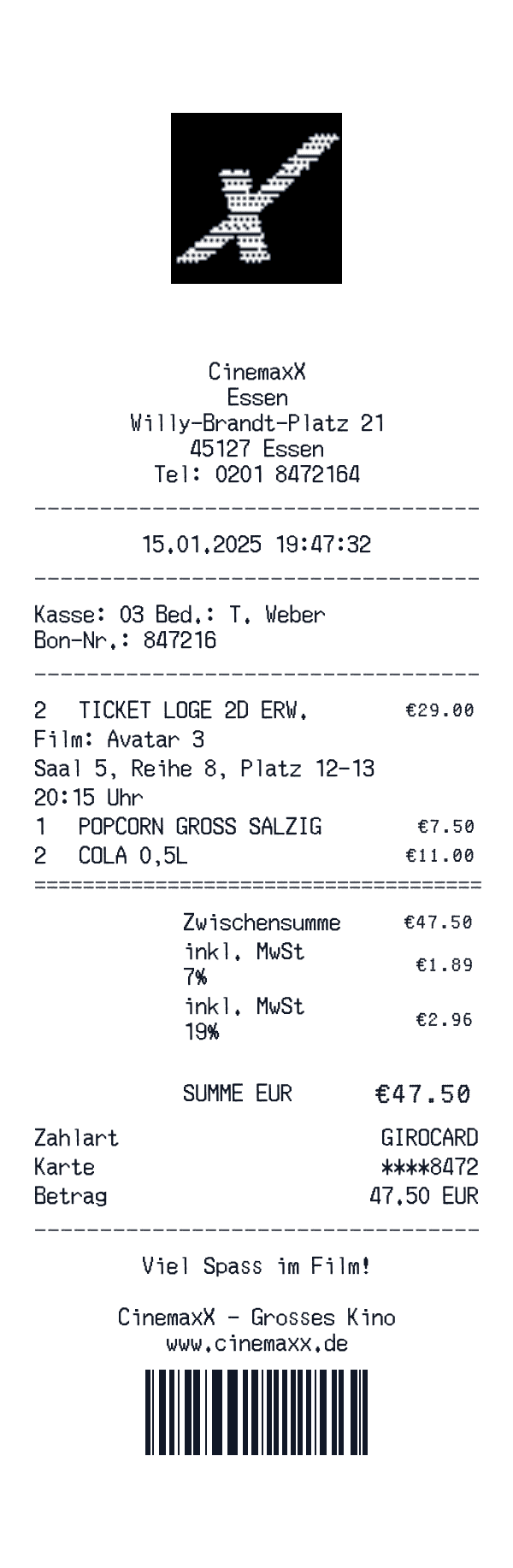 CinemaxX receipt template example