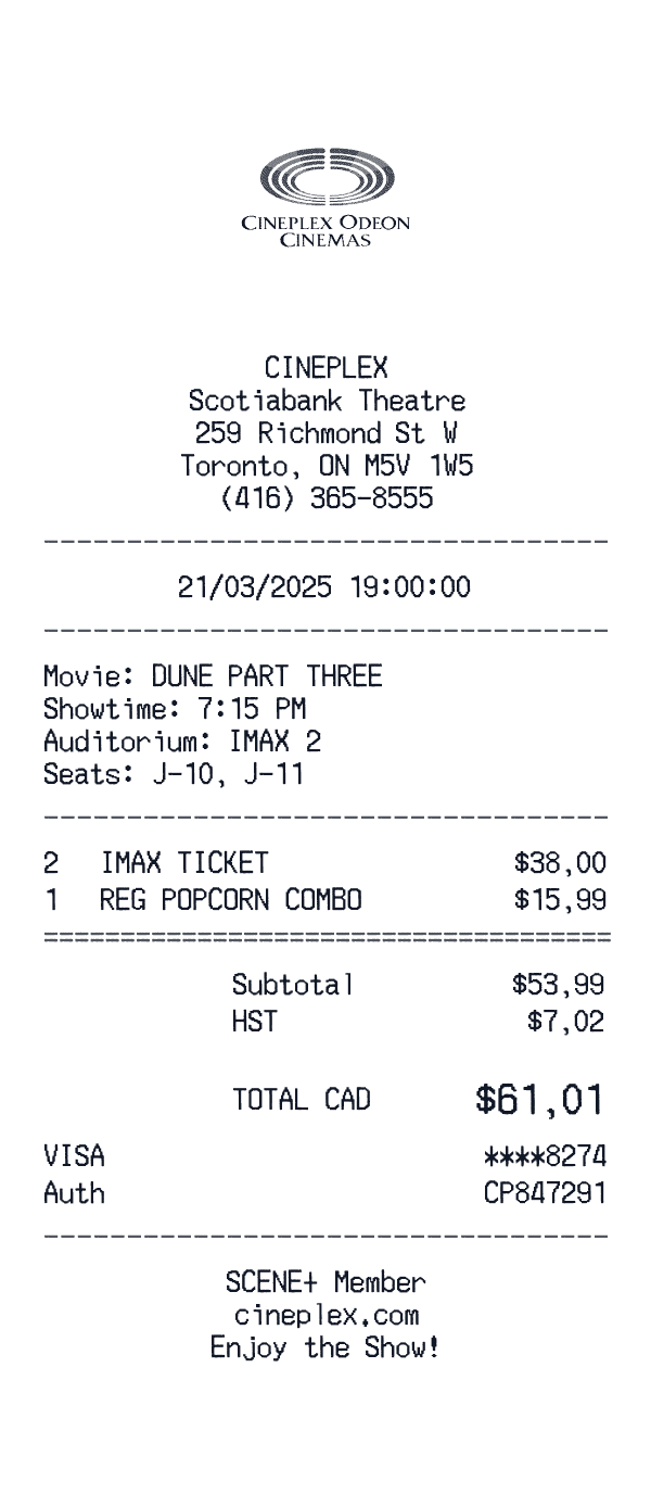 Cineplex receipt template example