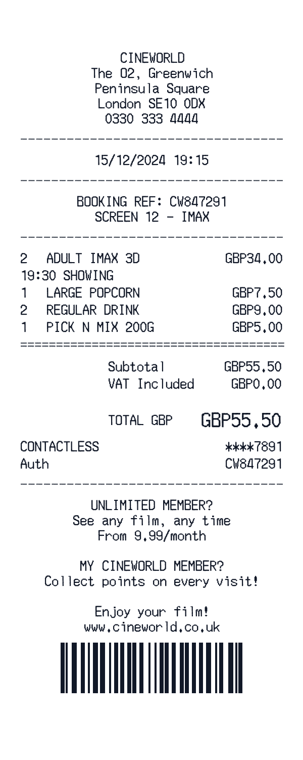Cineworld receipt template example