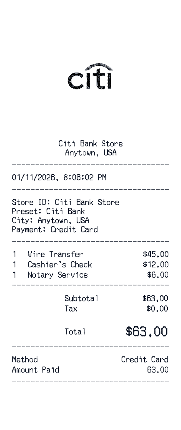 Citi Bank receipt template example