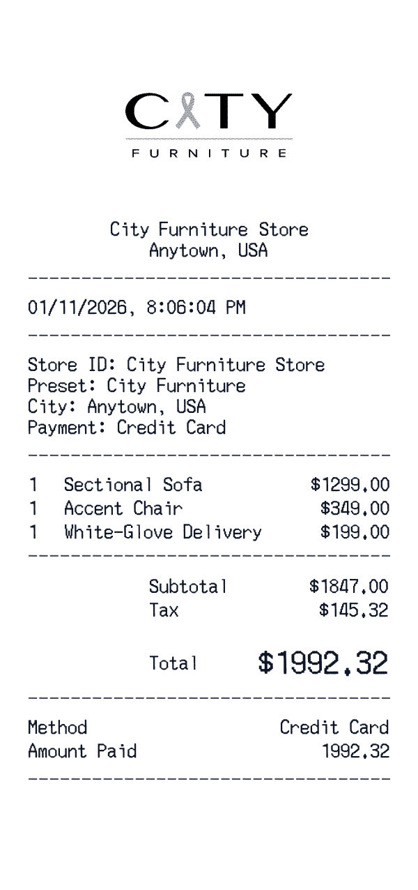 City Furniture receipt template example