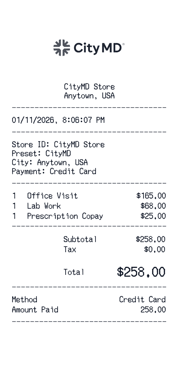 CityMD receipt template example