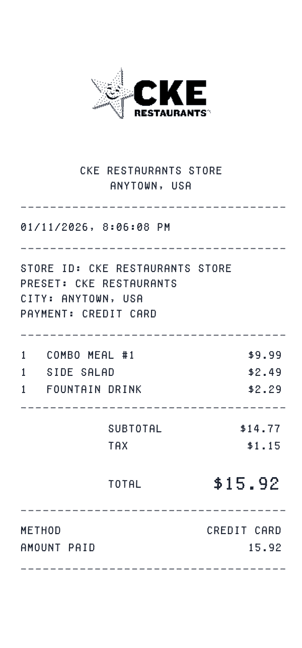 CKE Restaurants receipt template example - fast food receipt with itemized details, prices, and payment information