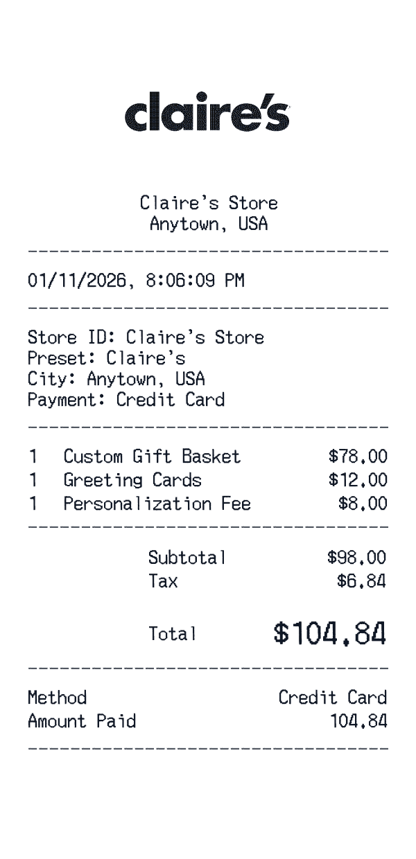 Claire's receipt template example