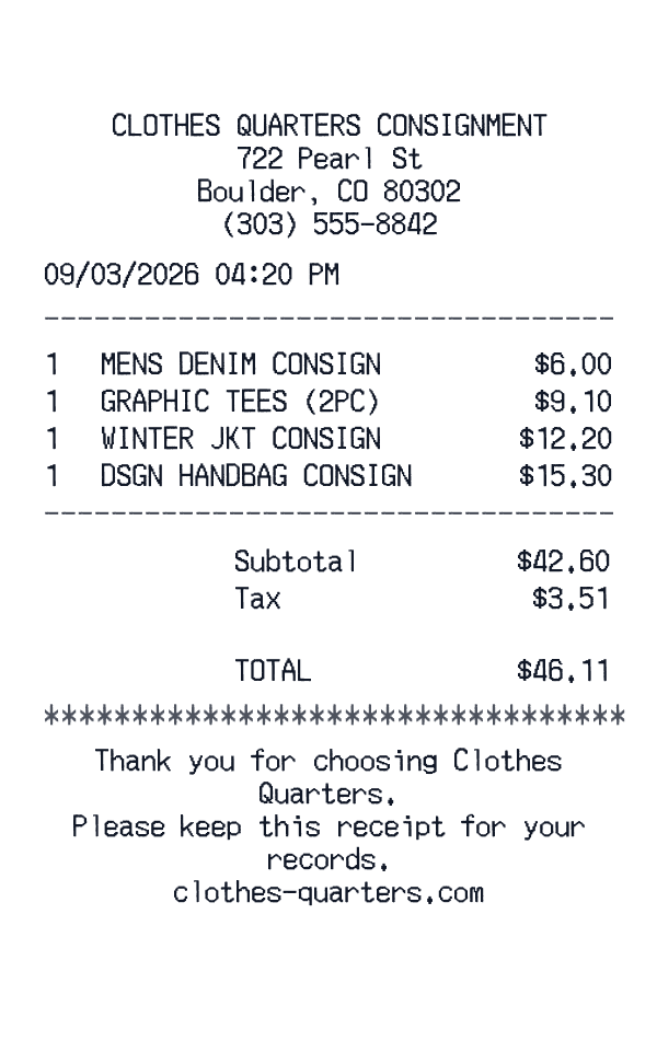 Clothes Quarters receipt template generator preview