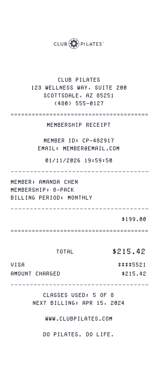 Club Pilates receipt template example