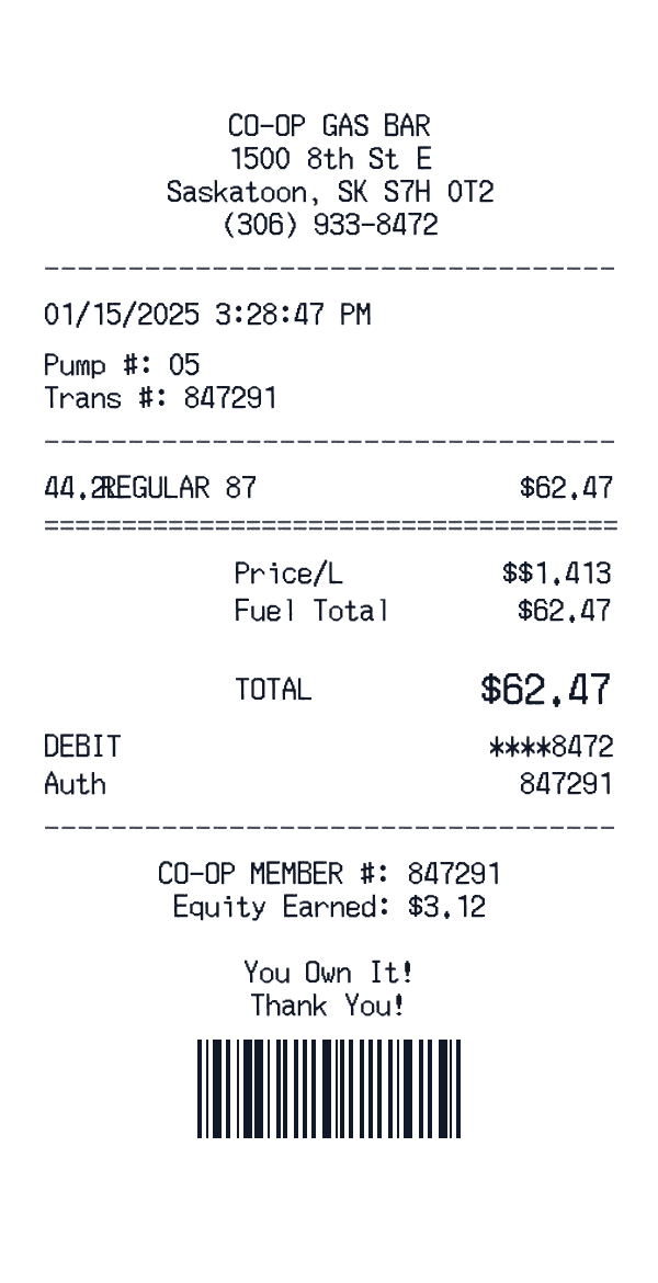 Co-op Gas receipt template example - gas station receipt with itemized details, prices, and payment information