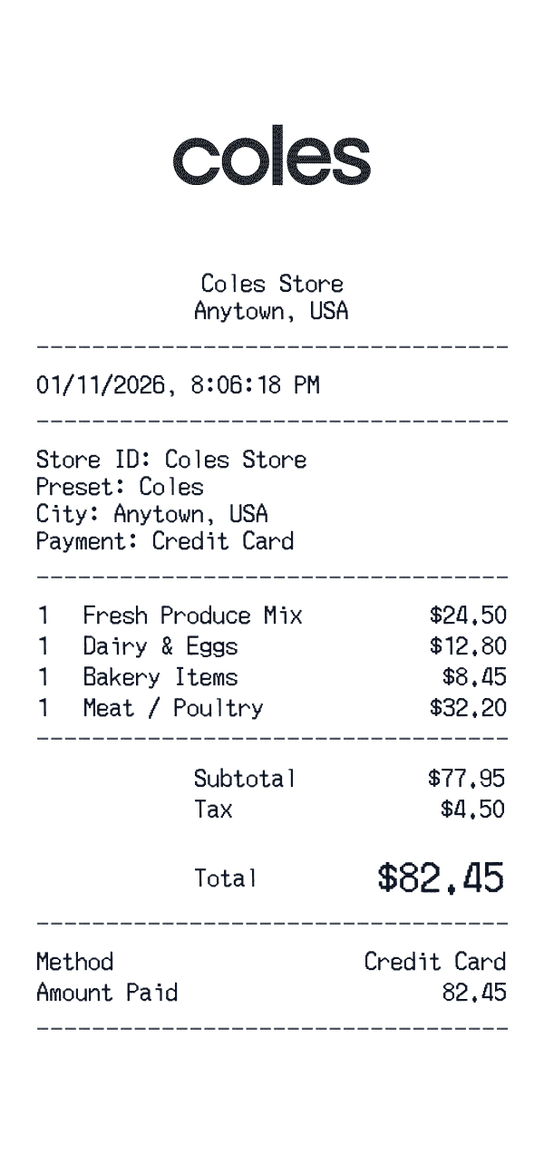 Coles receipt template example - grocery receipt with itemized details, prices, and payment information