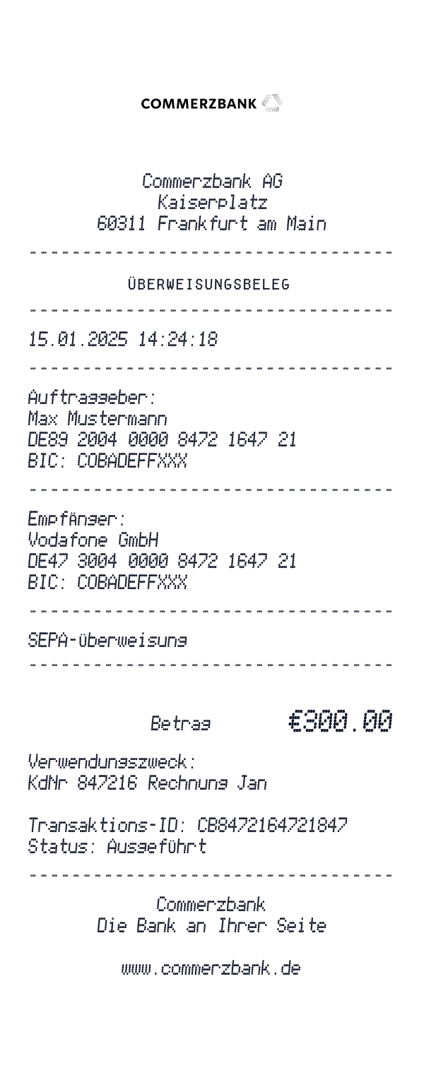 Commerzbank receipt template example - other receipt with itemized details, prices, and payment information