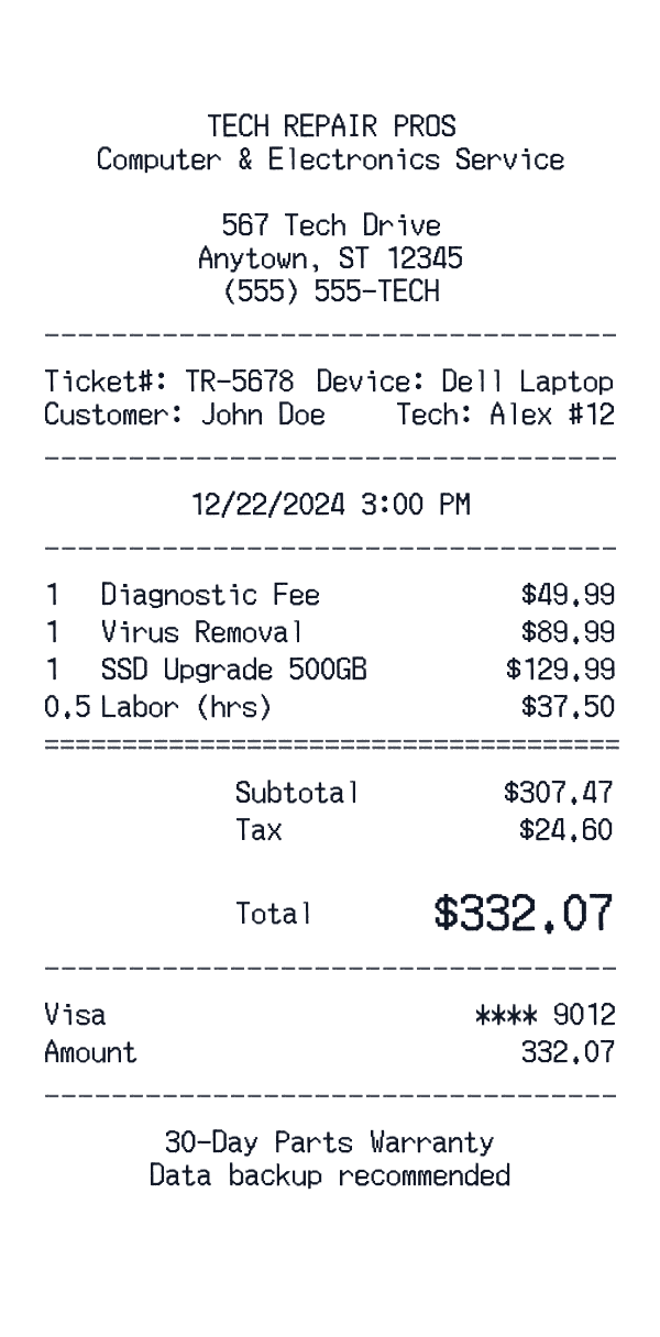Computer Repair Receipt receipt template example - generic templates receipt with itemized details, prices, and payment information