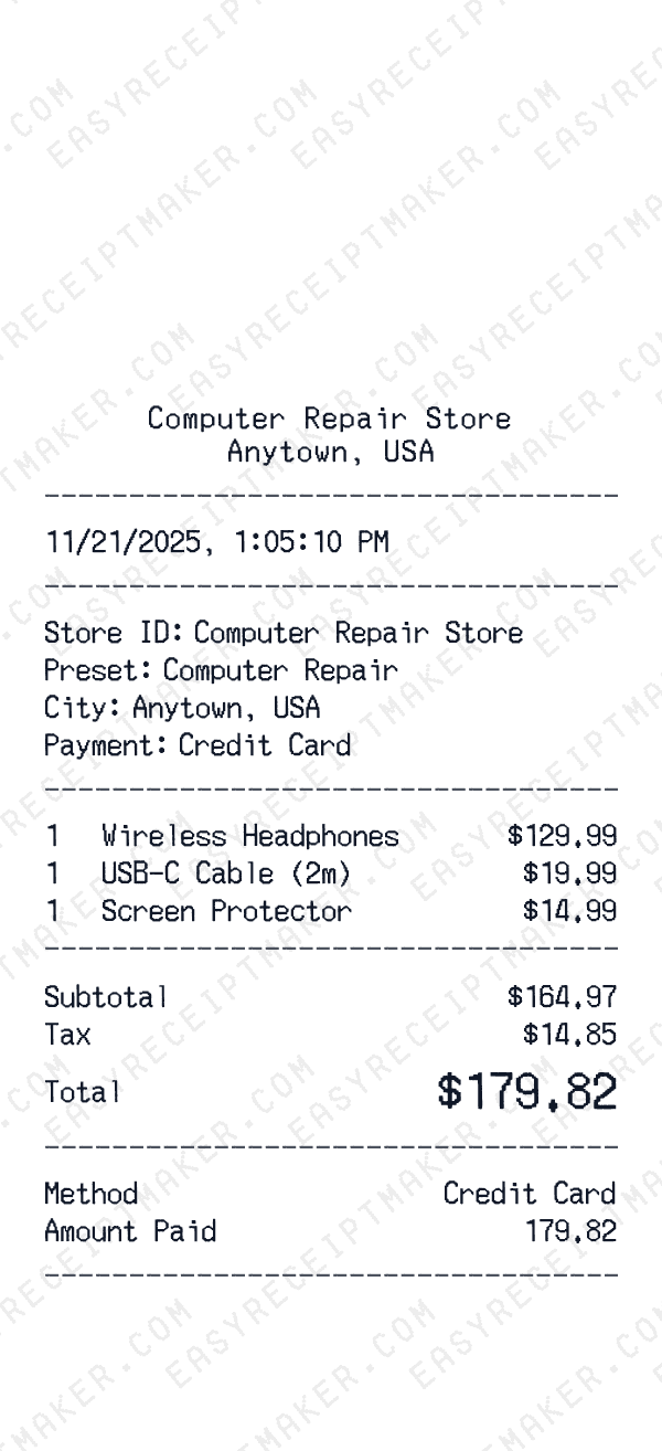 Computer Repair receipt template generator preview