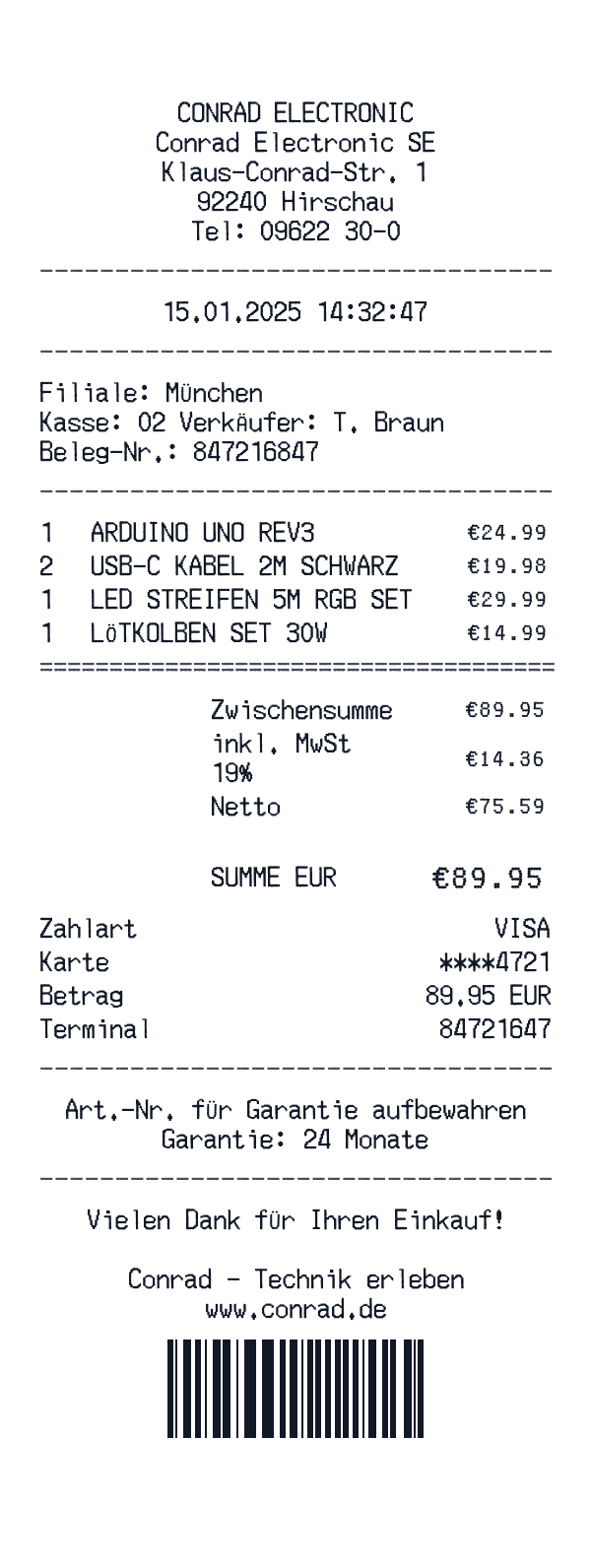 Conrad Electronic receipt template example - electronics receipt with itemized details, prices, and payment information