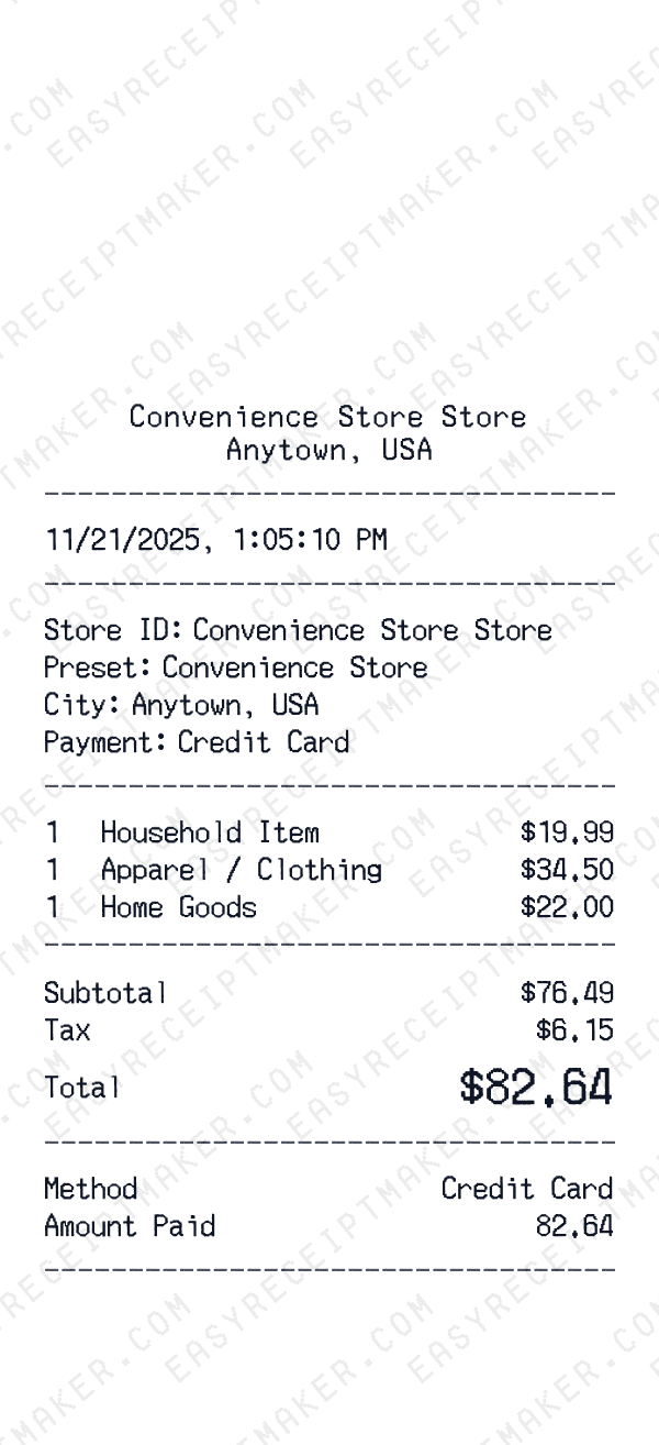 Convenience Store receipt template generator preview